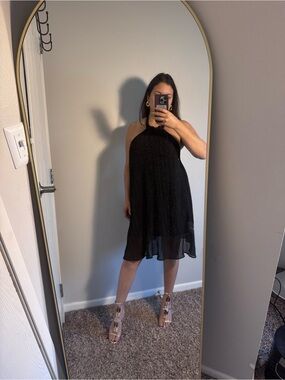 Express Black Halter Pleated Backless Midi Dress with Elastic Waist